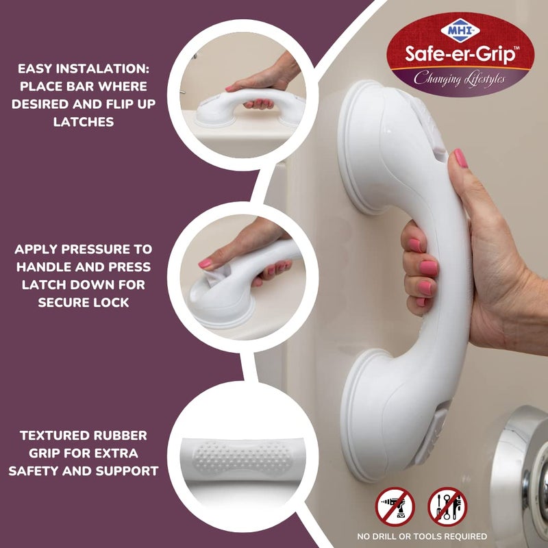 Safe-er-Grip عصا سحب آمنة - عصا سحب آمنة لتغيير أنماط الحياة مع أكواب شفط لحمامات الاستحمام والدش؛ مقبض مساعد للسلامة في الحمام، أبيض، 12 بوصة - Image 2